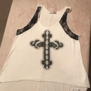 White and black with lace cross top.